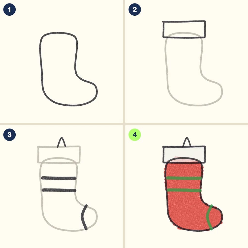 Four crayon steps for drawing a stocking: a boot shape, a cuff on top, stripes, a toe line and a loop, then a red stocking with green stripes and a white cuff