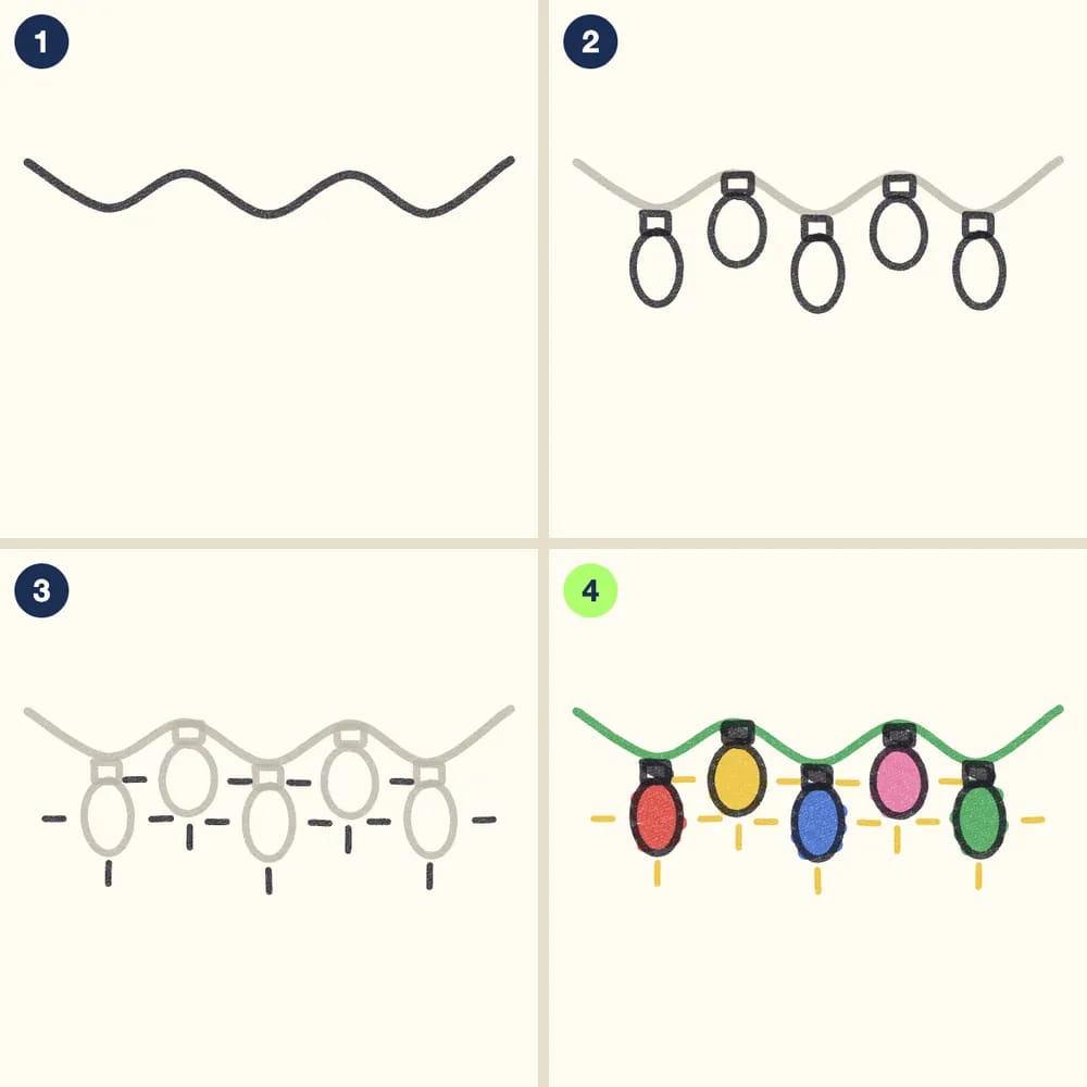 Four crayon steps for drawing a string of lights: a wavy line, five bulbs with caps hanging from it, shine lines round each bulb, then each bulb colored differently