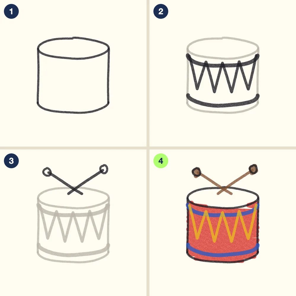 Four crayon steps for drawing a toy drum: an oval top, straight sides and a curved bottom, two rims and a zigzag, crossed drumsticks, then a red drum