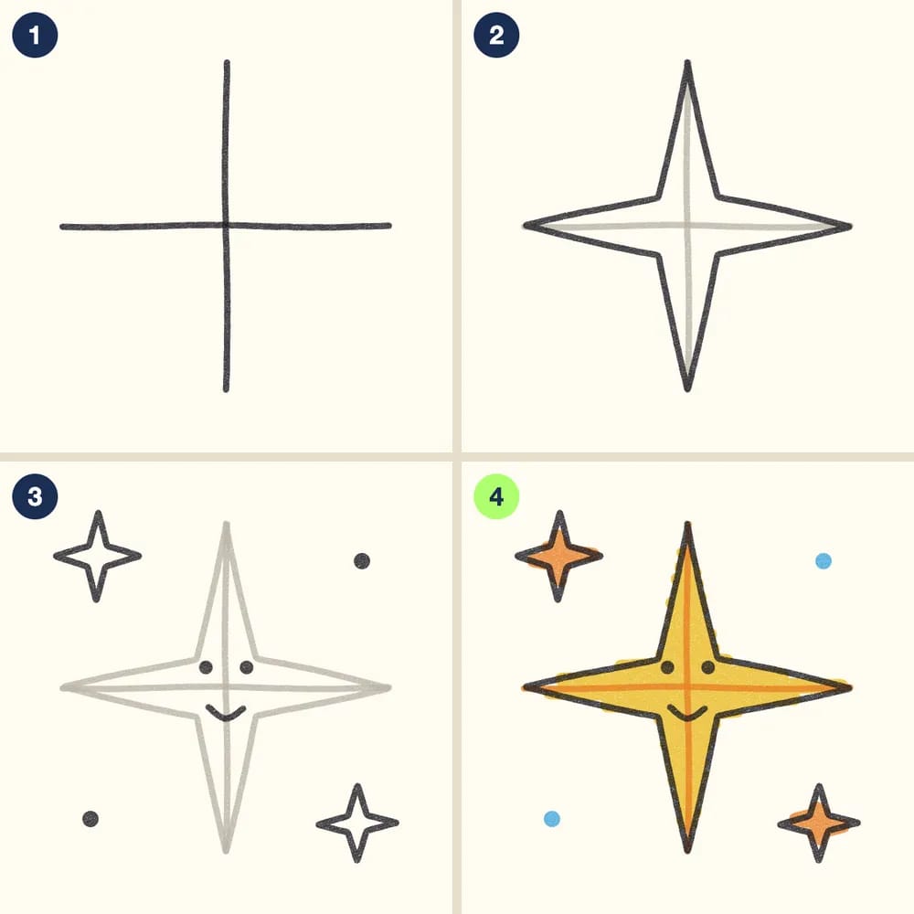 Four crayon steps for drawing a twinkle star: a plus sign, the tips joined with lines that dip inward, small stars and a face, then a yellow star