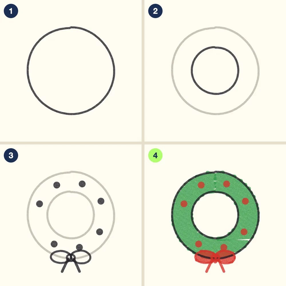 Four crayon steps for drawing a wreath: a big circle, a smaller circle inside it, berry dots and a bow, then colored green with red berries