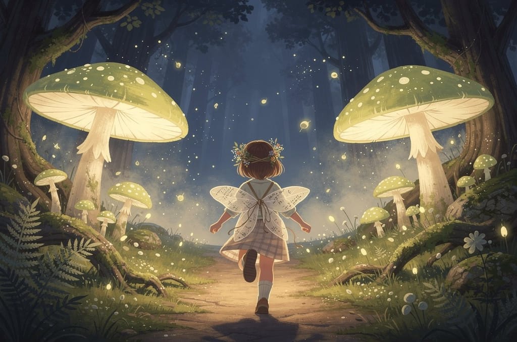 Child seen from behind wearing paper fairy wings and a flower crown, skipping down a path between giant glowing toadstools in a twilight forest full of fireflies