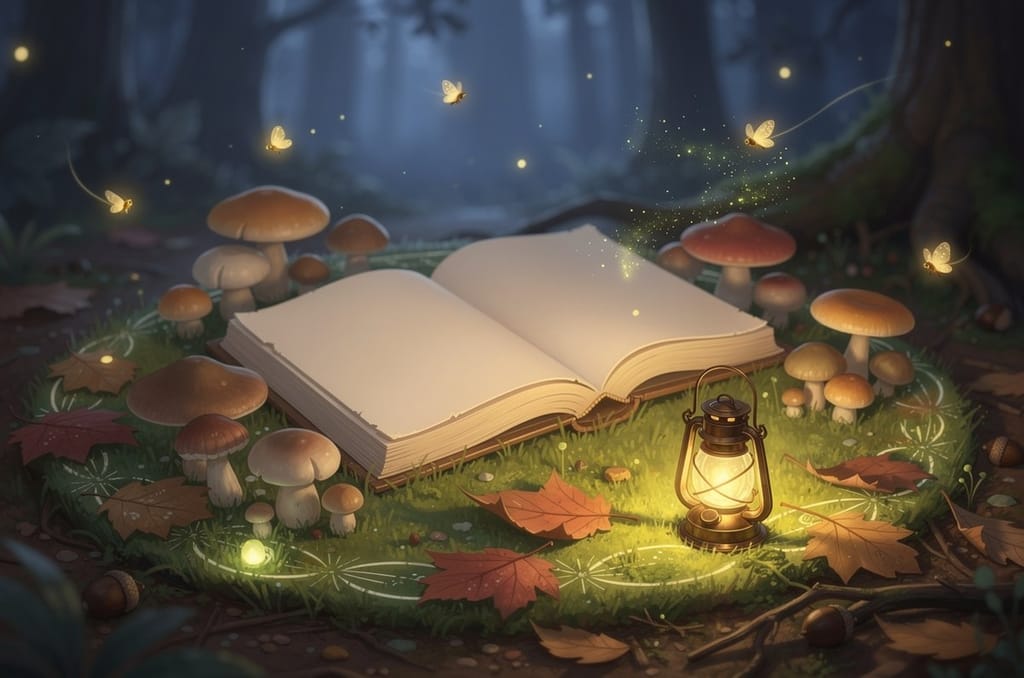 An old open storybook lying on moss inside a fairy ring of small mushrooms beside a tiny glowing lantern on the forest floor at dusk