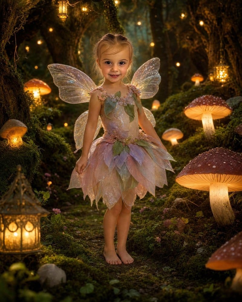 A child as a woodland fairy with shimmering wings among glowing toadstools and fireflies in a twilight forest, the Fairy Forest world from The Curious Thing