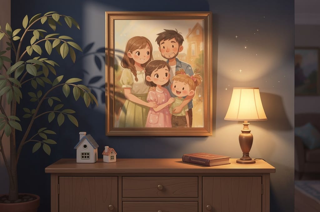 A framed painted family portrait hanging on a living room wall in warm lamplight, family photo ideas for wall