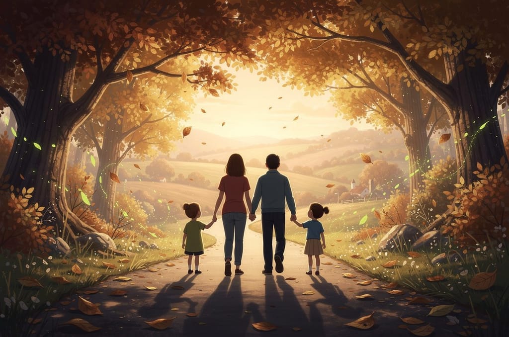 A family walking hand in hand down a tree-lined lane in low golden evening light, seen from behind, family photo ideas