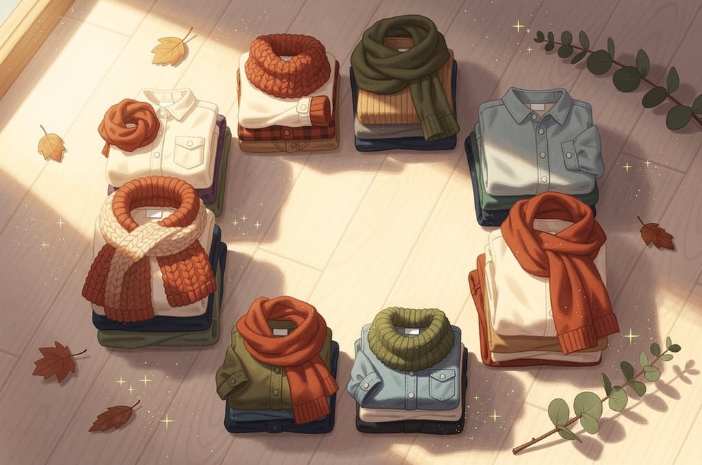 Folded family clothes laid out in a coordinated autumn palette of rust, cream and olive, family photo outfit ideas