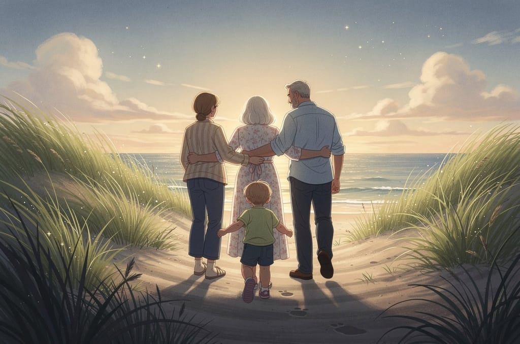 Three generations of a family seen from behind, walking arm in arm along a beach path at golden hour