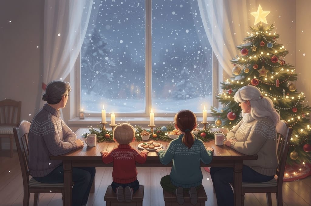 A family seen from behind at a candlelit holiday table, two children kneeling between their grandmothers, watching snow fall beside a lit Christmas tree