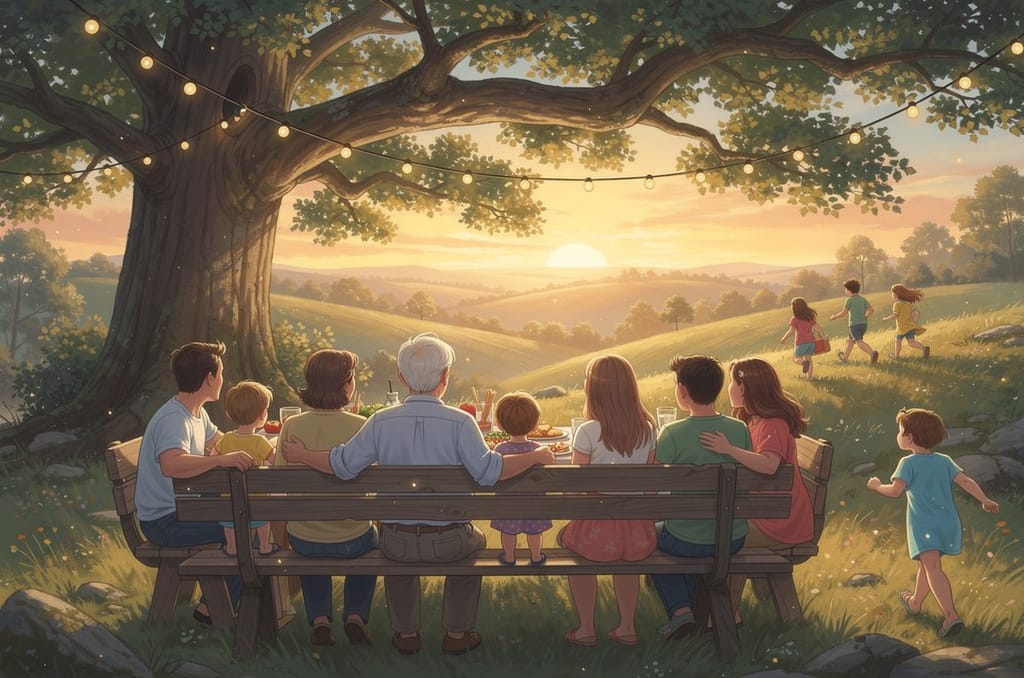 Three generations of a family seen from behind on one long bench under an oak tree with string lights, watching the sunset as children run down the hill
