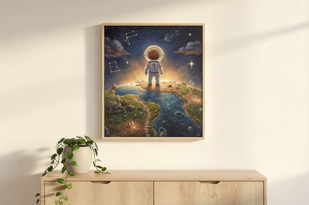 A framed canvas of a small child as a storybook space explorer standing on a glowing planet, hanging on a sunlit living-room wall above a light wooden sideboard with a trailing plant