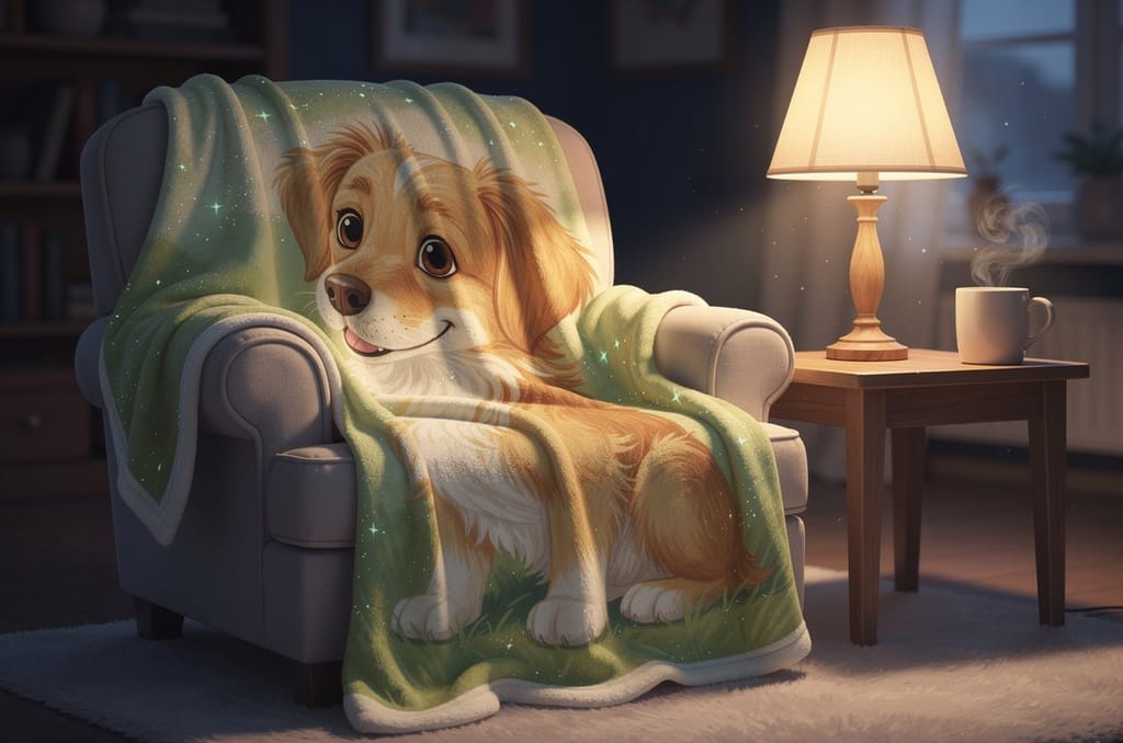 A fleece blanket printed with a painted portrait of a dog draped over the arm of a reading chair beside a lamp and a mug in a warm living room