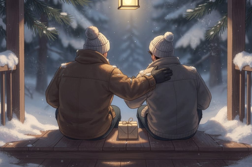 Two adult brothers in winter coats sitting side by side on a wooden porch step seen from behind, one resting a hand on the other's shoulder, a wrapped parcel on the step between them under a hanging lantern