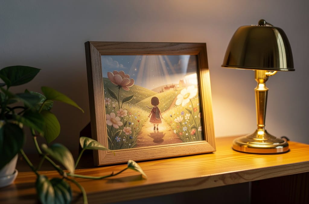 A small wooden-framed storybook portrait of a child seen from behind walking into a flowering meadow, standing on a wooden shelf in warm evening lamplight beside a brass lamp and a trailing green houseplant