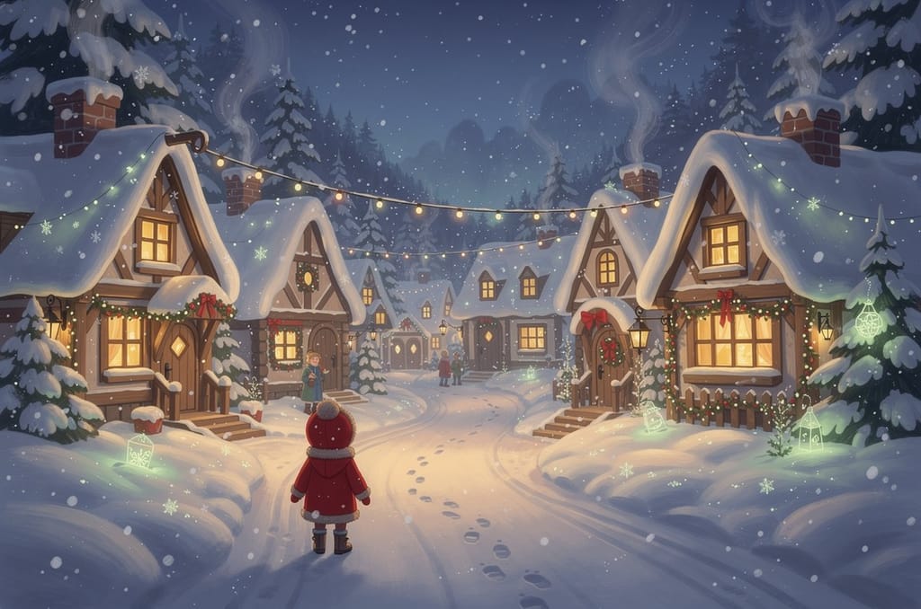 A snowy storybook village at dusk with a small child in a red coat seen from behind walking toward cottages with glowing golden windows and strings of warm lights