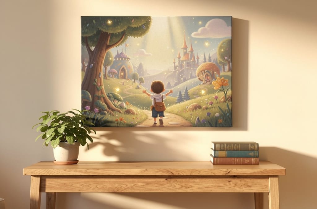 A gallery-wrapped canvas of a whimsical storybook village with a small child seen from behind, arms raised, hanging on a sunlit cream wall above a wooden console table with a potted plant and a stack of books, a personalized keepsake gift for a godparent