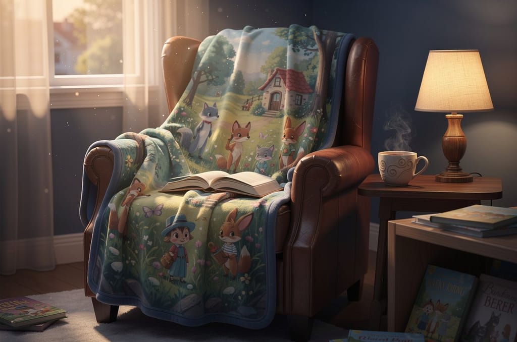 A cozy fleece blanket printed with a storybook portrait draped over a worn leather reading chair beside a lamp