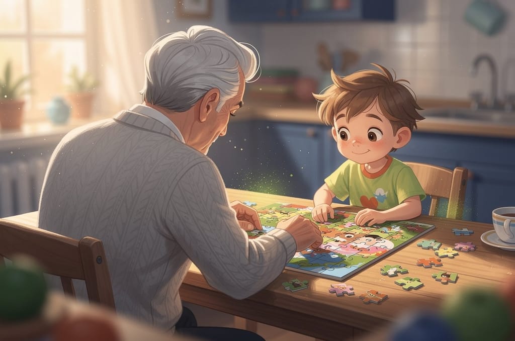 An older man and a young child seen from behind, sitting together at a kitchen table assembling a jigsaw puzzle