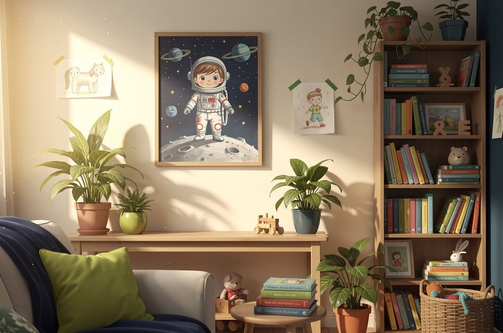 A framed storybook portrait of a child dressed as an astronaut, hanging on a sunlit living room wall beside houseplants and a bookshelf