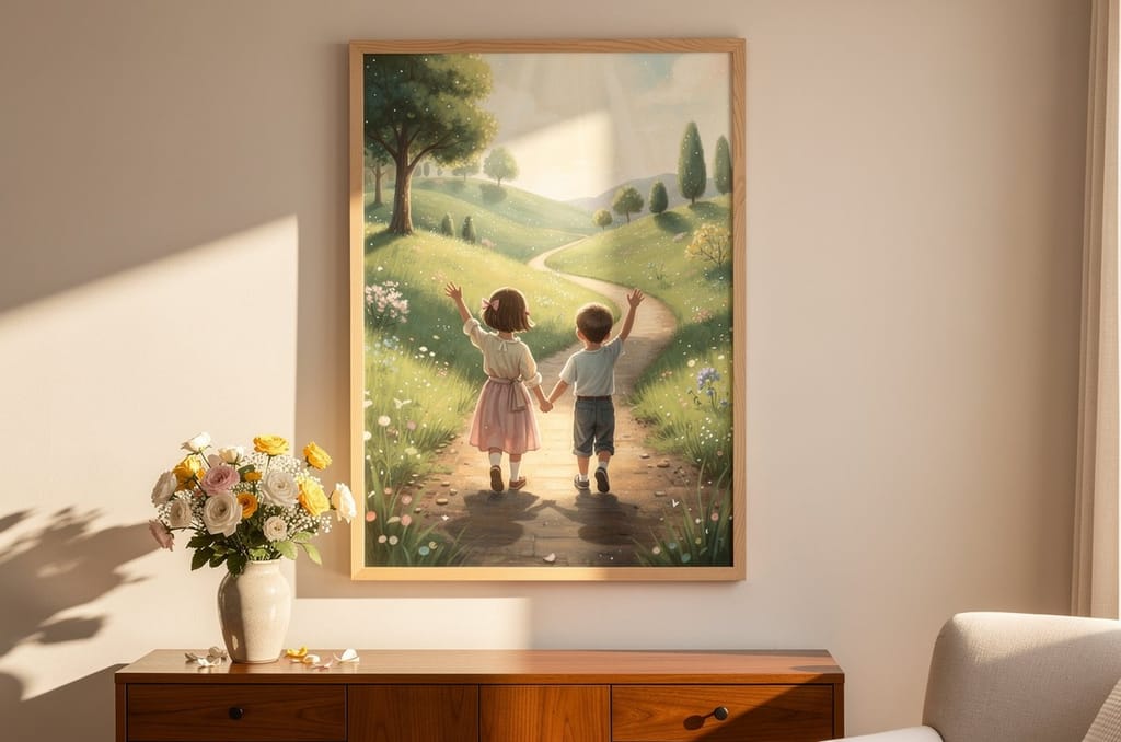 A framed canvas portrait of two grandchildren as storybook adventurers, hanging on a warm cream wall above a sideboard with fresh flowers in a grandmother's living room