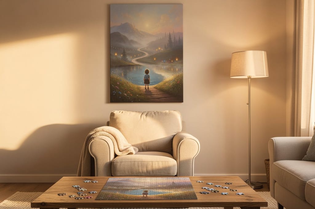 A portrait gallery canvas of a child seen from behind in a magical landscape hanging above an armchair with a folded fleece blanket, and the same artwork as a partly assembled jigsaw puzzle on the coffee table