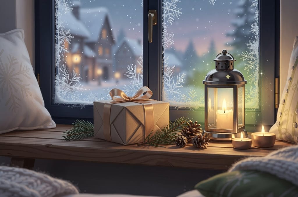 A wrapped keepsake gift with a gold ribbon on a wooden window seat beside a glowing lantern and candles, with snow falling outside a frosted winter window