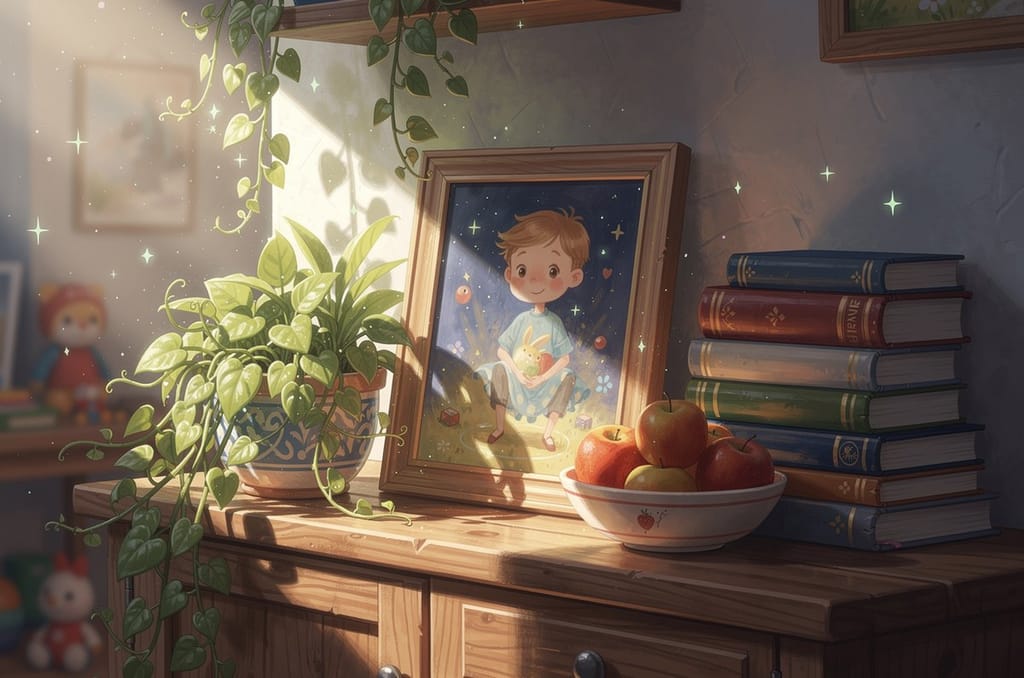 A framed portrait propped on a sunlit sideboard beside houseplants, books and a bowl of fruit in a lived-in family home