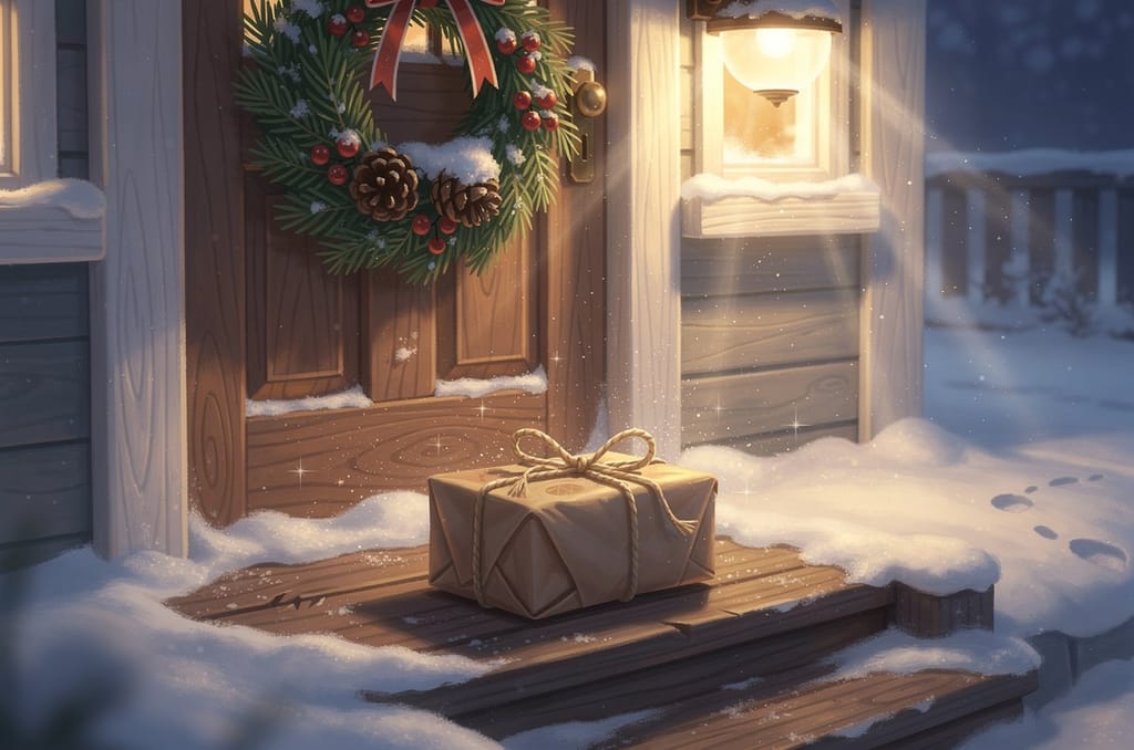 A wrapped parcel waiting on a doorstep in low December light beside an evergreen wreath and a dusting of snow