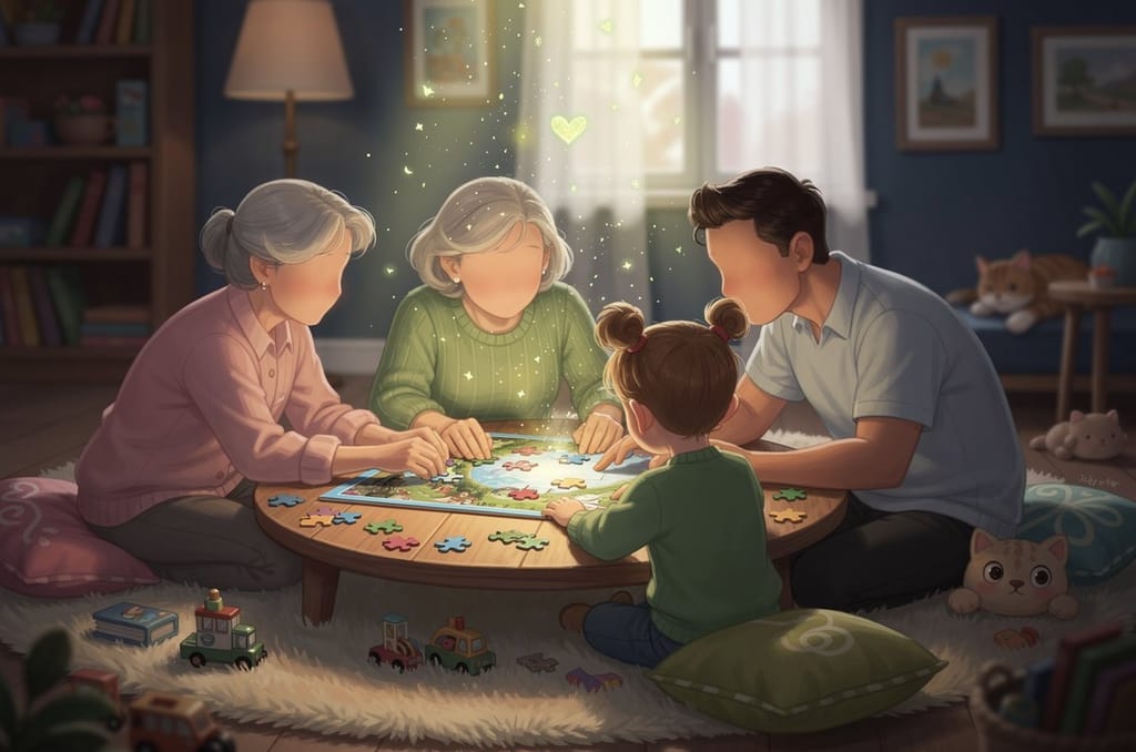 Three generations of a family gathered around a low table in warm lamplight, building a jigsaw puzzle together, with the child seen from behind