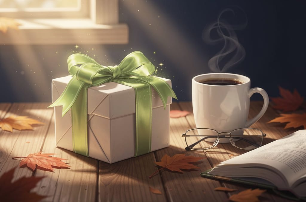 A wrapped gift box with a ribbon on a wooden table beside a mug of coffee and reading glasses in warm morning light