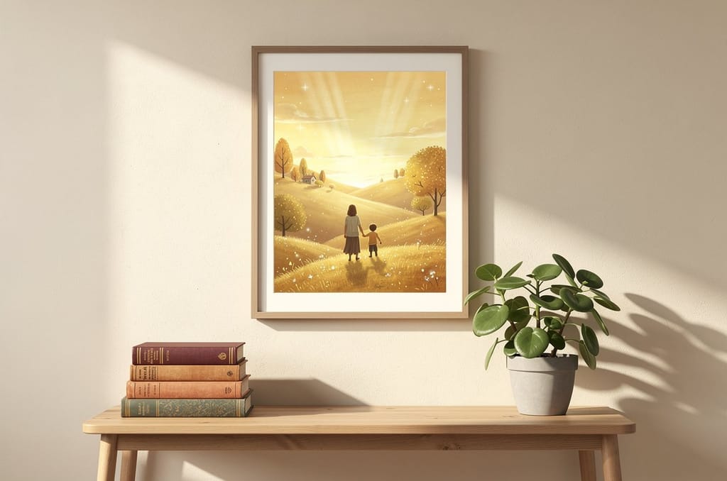 A framed portrait of a family rendered as storybook art hanging on a warm cream wall above a console table, with soft afternoon light, a potted plant and a stack of books