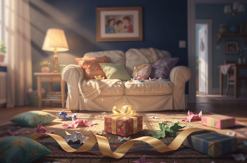 A brightly lit living room where a wrapped gift has just been opened, torn paper and ribbon on the rug, adults laughing together on a sofa in warm lamplight