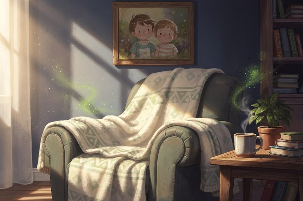 A cozy living room with a fleece photo blanket over an armchair and a framed portrait of two children on the wall