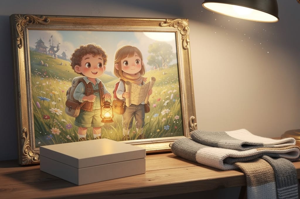 A framed portrait of two children painted as storybook explorers with a lantern and a map, propped on a shelf beside a plain gift box and a folded blanket