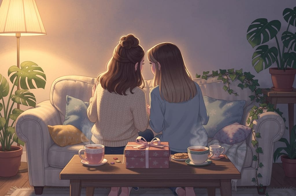 Two sisters sitting close together on a sofa seen from behind, with a wrapped gift and mugs of tea on the table in front of them