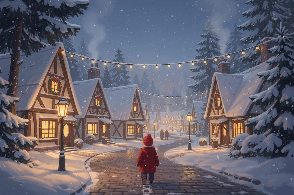 A snowy storybook Christmas village at dusk with a child in a warm red coat seen from behind walking toward cottages with glowing golden windows and a string of warm lights