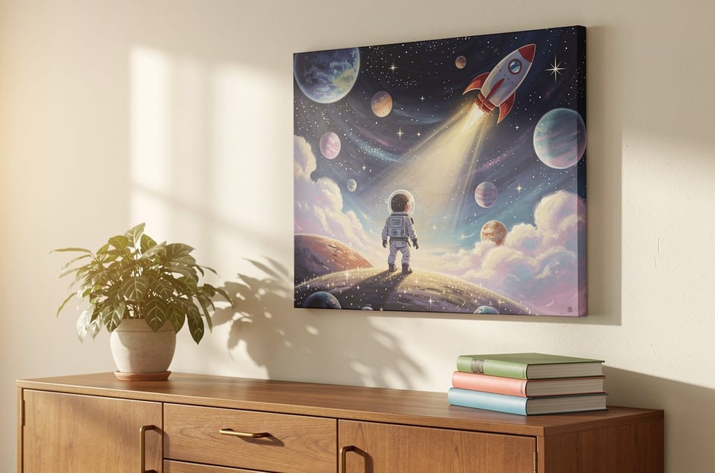 A framed gallery canvas of a whimsical storybook space-adventure world with a small child astronaut seen from behind, hanging on a warm sunlit living-room wall above a wooden sideboard with a plant and books, a personalized keepsake gift for an uncle