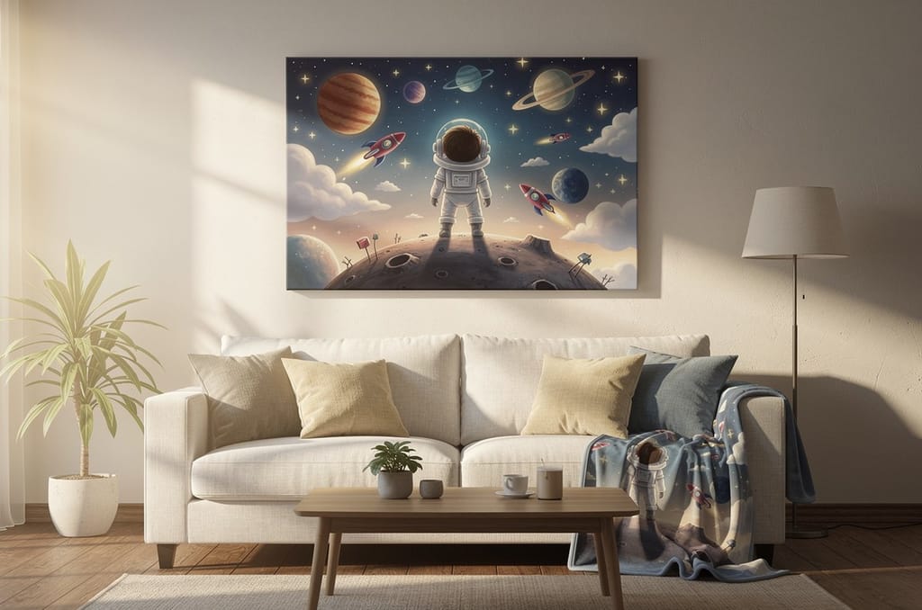 A cozy living room with a framed canvas of a storybook space-adventure scene on the wall above a couch and a matching fleece blanket printed with the same scene draped over the arm