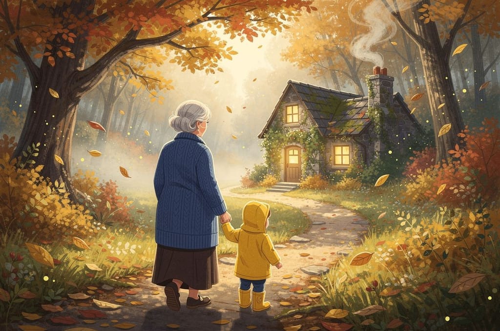 A grandmother and a toddler seen from behind walking hand in hand along a leafy autumn path toward a small house with a lit window