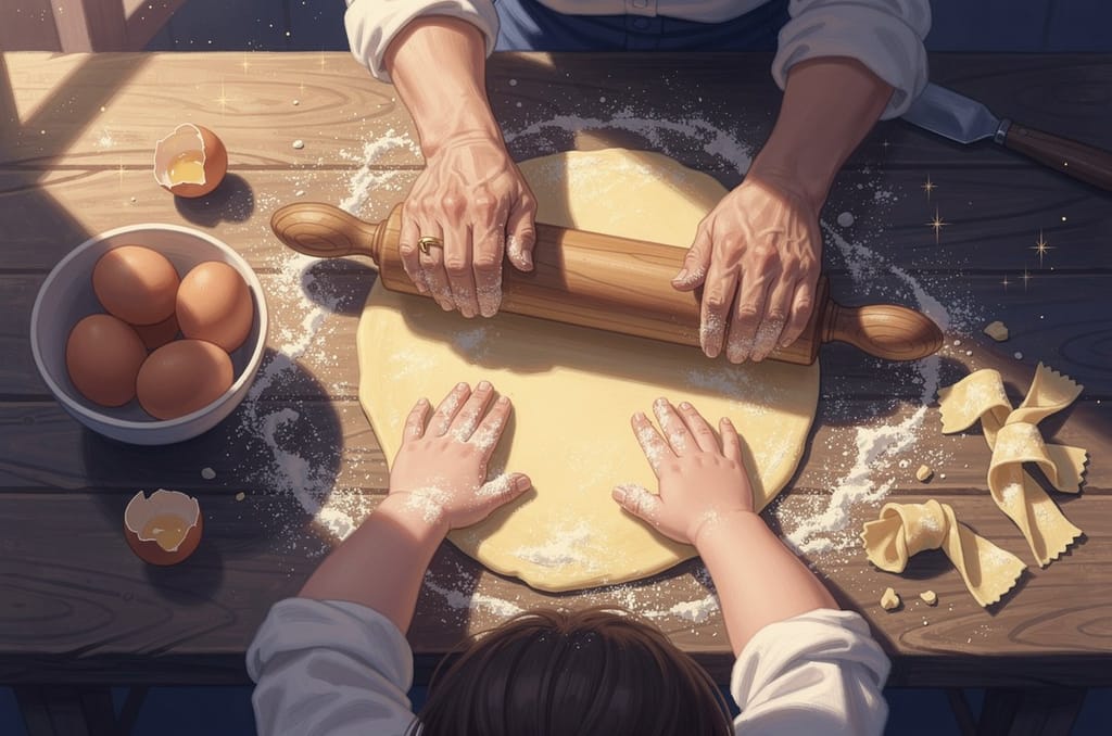 Two pairs of hands, a grandmother's and a small child's, rolling out dough together on a floured wooden kitchen table beside a bowl of eggs