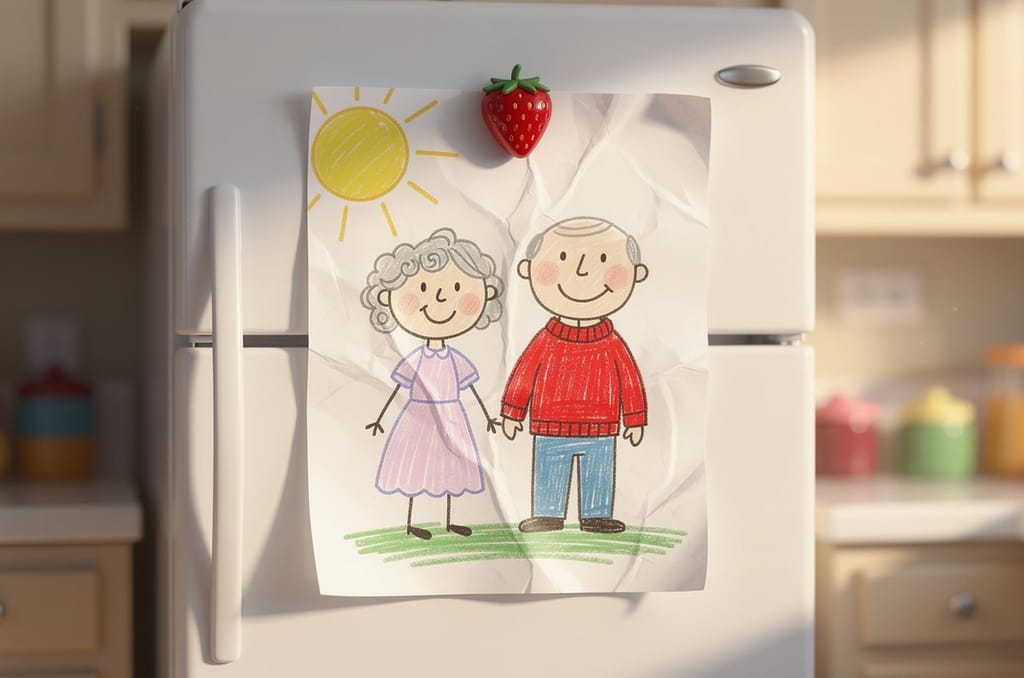 A child's crayon drawing of a smiling grandmother with curly gray hair and a grandfather in a red sweater, held to a white fridge door by a strawberry magnet