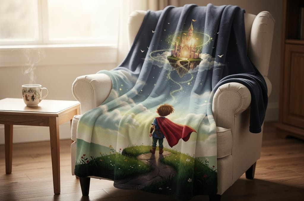 A soft fleece keepsake blanket draped over a cozy armchair by a window, printed with a child as a caped storybook hero facing a magical castle in the clouds, beside a steaming cup of tea, a long-distance Grandparents Day gift