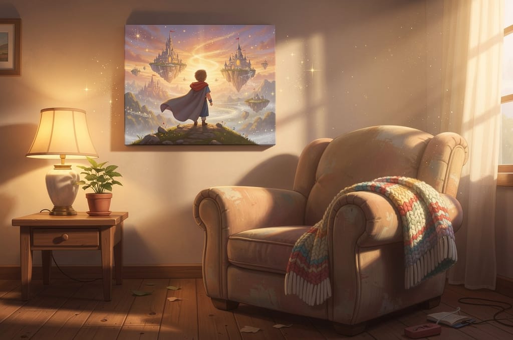 A cozy golden-hour living room with a framed keepsake canvas of a child as a caped storybook hero facing a magical floating-castle world, and a soft knit throw blanket over the armchair, a Grandparents Day gift starring the grandchild
