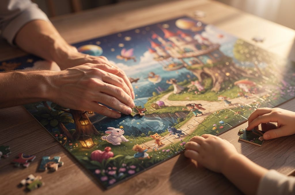Adult and child hands together assembling a custom keepsake jigsaw puzzle of a whimsical magical world on a sunlit wooden table, a Grandparents Day gift to build together