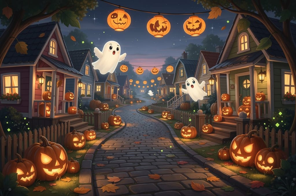 A cozy friendly-Halloween storybook scene with glowing jack-o-lanterns, gentle cartoon-cute ghosts, and warm lantern light down a friendly street