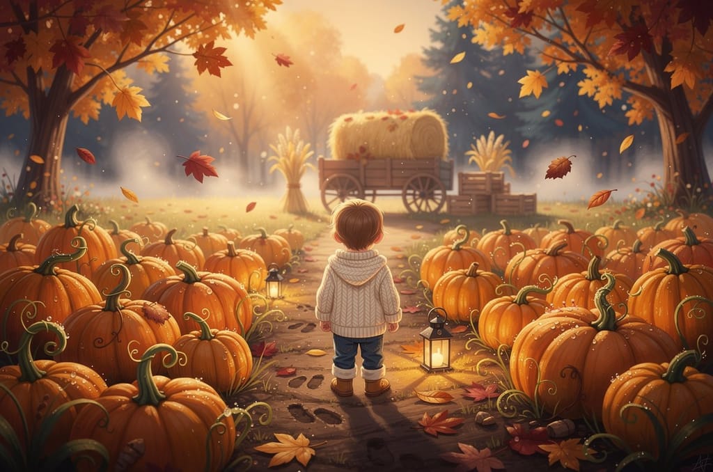 A golden autumn pumpkin patch with a child in a cozy knit sweater seen from behind among rows of orange pumpkins, drifting amber leaves in warm late-afternoon light