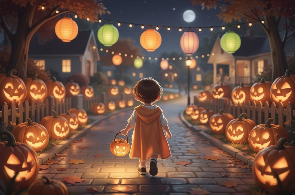 A happy child in a soft costume cape seen from behind, treat bucket in hand, on a warm-lit street of glowing carved pumpkins and paper lanterns on a friendly Halloween night