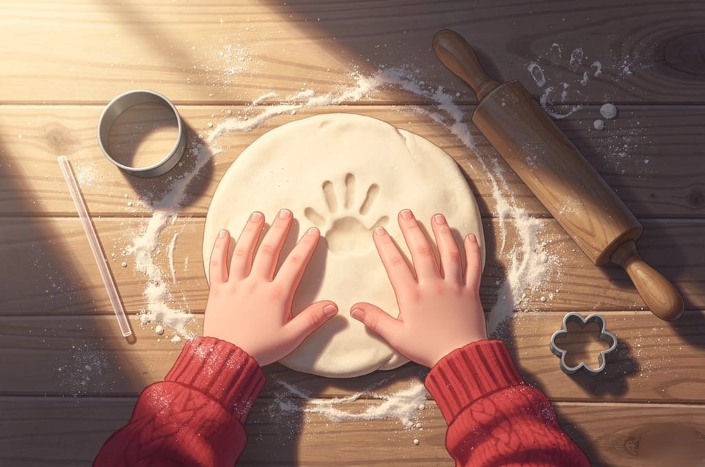 Seen from above, a child's two small hands in red sweater cuffs pressing into a round disc of salt dough on a floured table, a handprint already pressed beside them, with a rolling pin, a round cutter and a straw