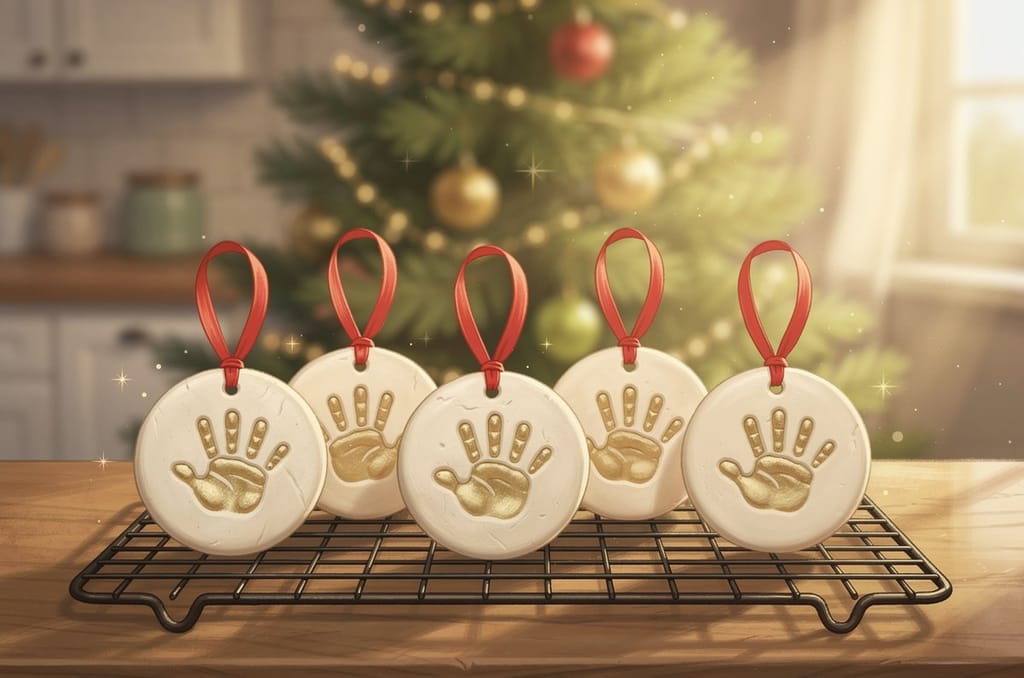Five round salt dough handprint ornaments painted cream with gold handprints and red ribbon loops, cooling on a wire rack in front of a lit Christmas tree