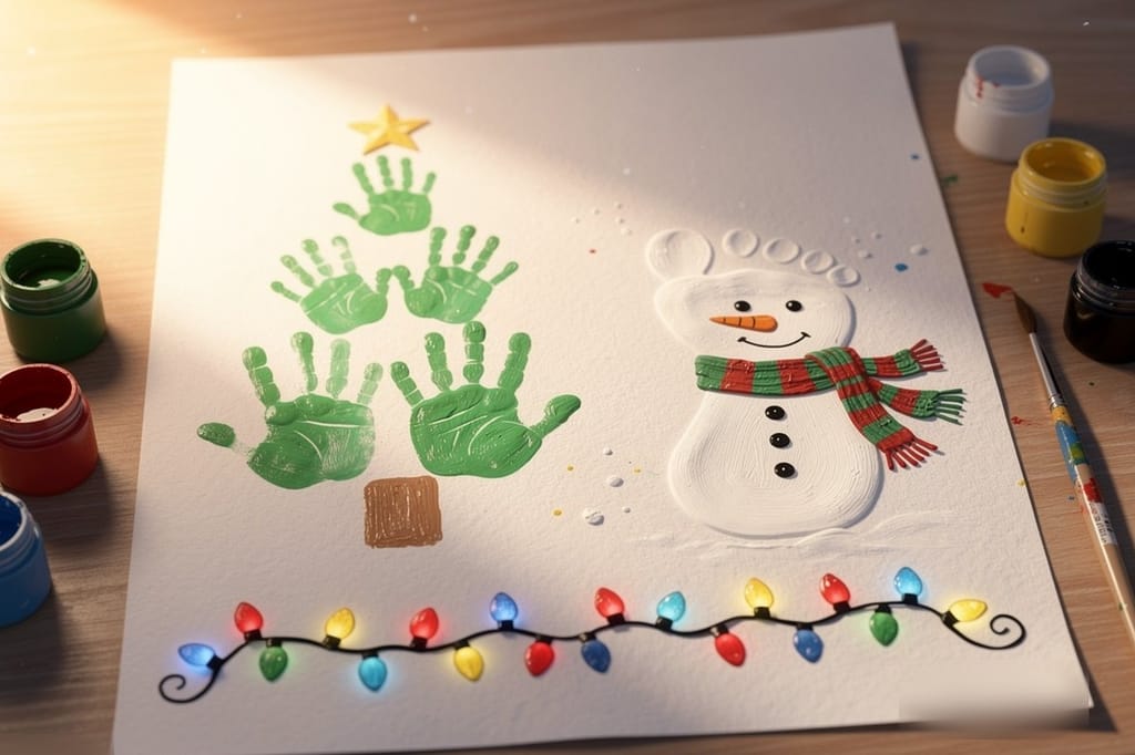 Christmas handprint art on white card: a tree of green handprints with a yellow star, a white footprint snowman in a striped scarf, and a string of fingerprint lights